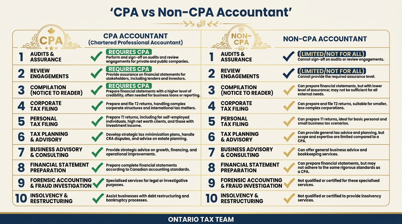 CPA versus non-CPA accountant services comparison table showing which tasks require CPA designation in Canada