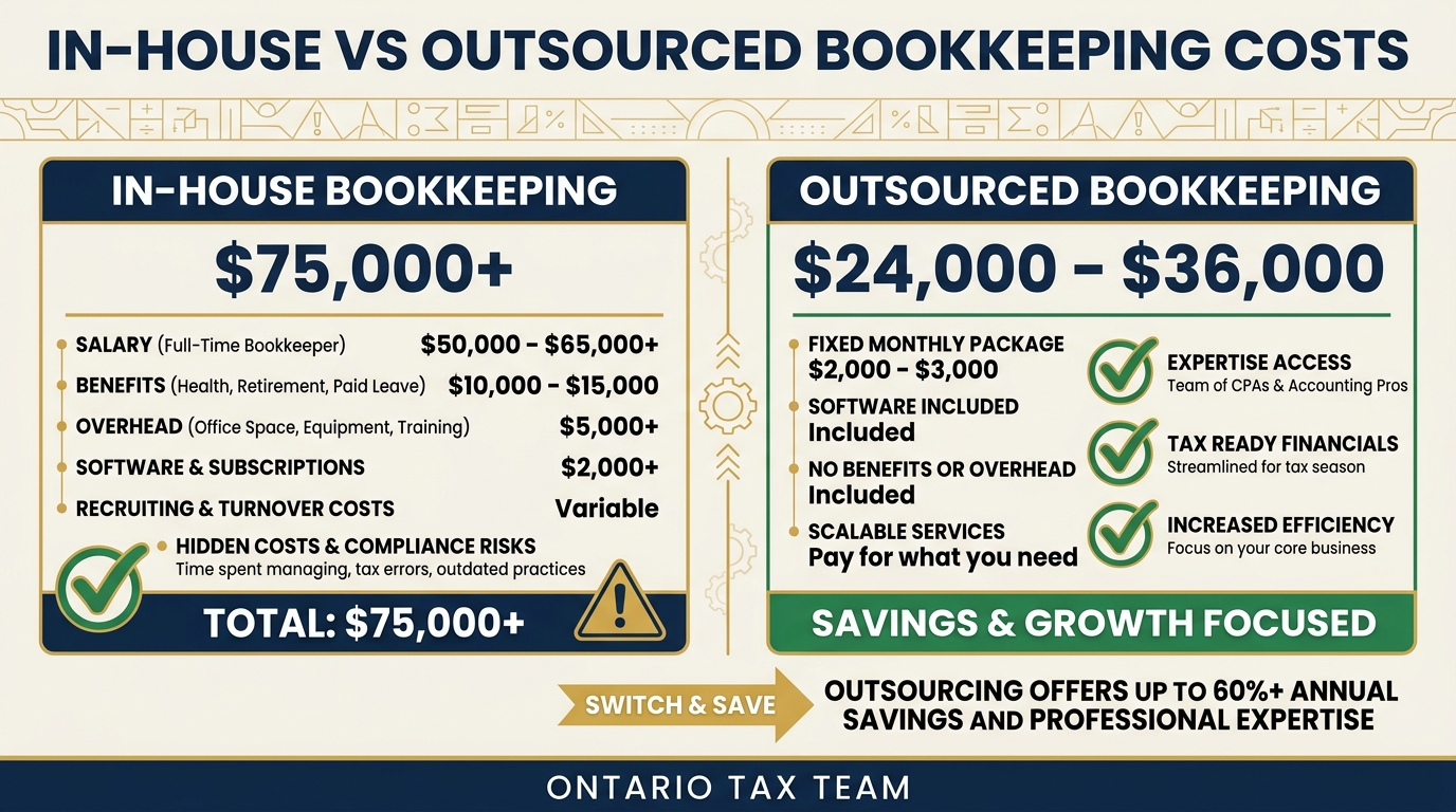 In-house vs outsourced bookkeeping cost comparison showing annual expenses from salary and benefits to outsourced packages
