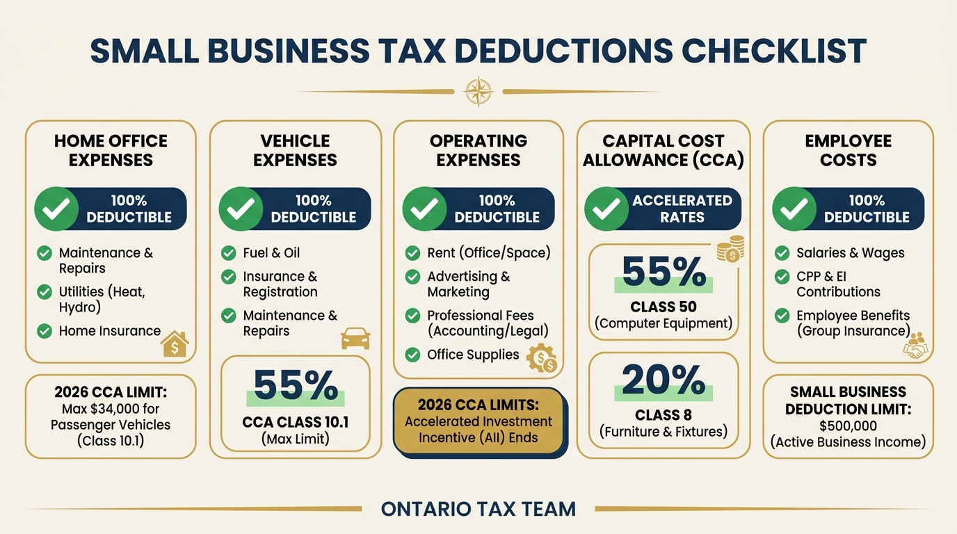 Small business tax deductions checklist for Canada 2026 organized by category with deductible percentages and CCA limits