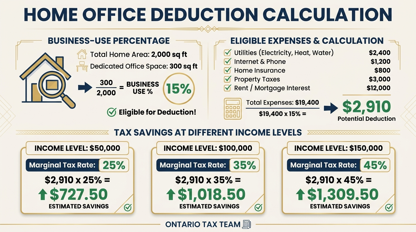 Home office tax deduction calculation example showing how to determine business-use percentage and calculate savings at different income levels
