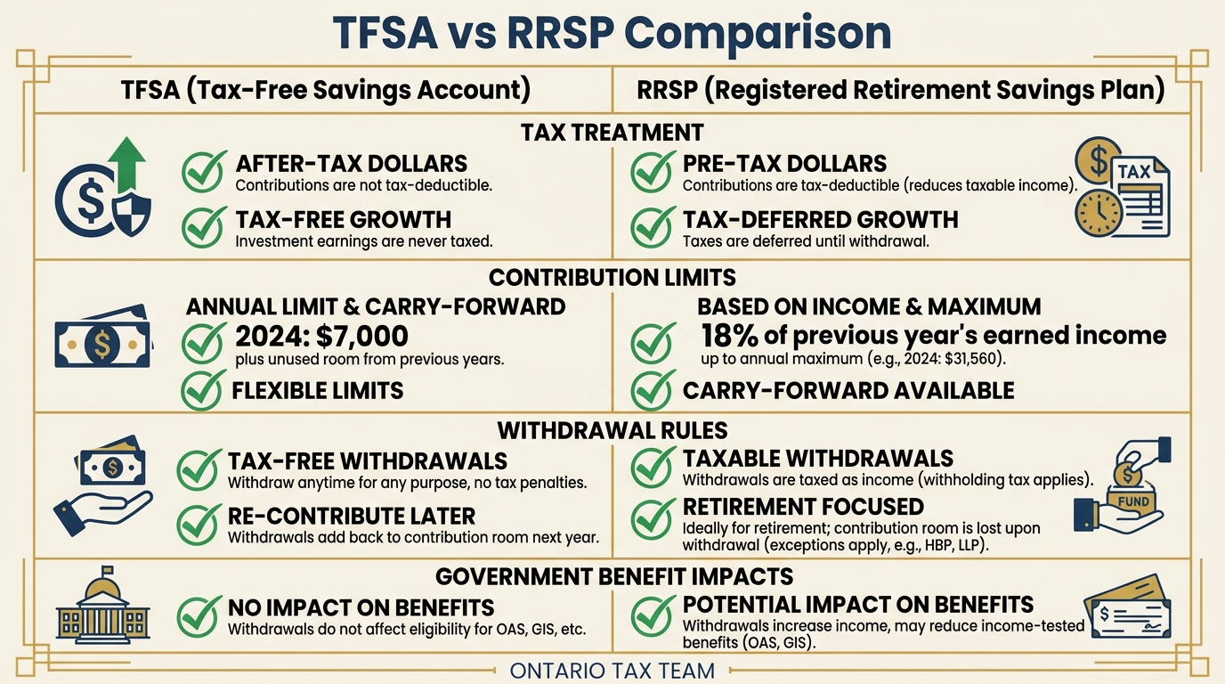 TFSA versus RRSP comparison table showing tax treatment contribution limits withdrawal rules and government benefit impacts