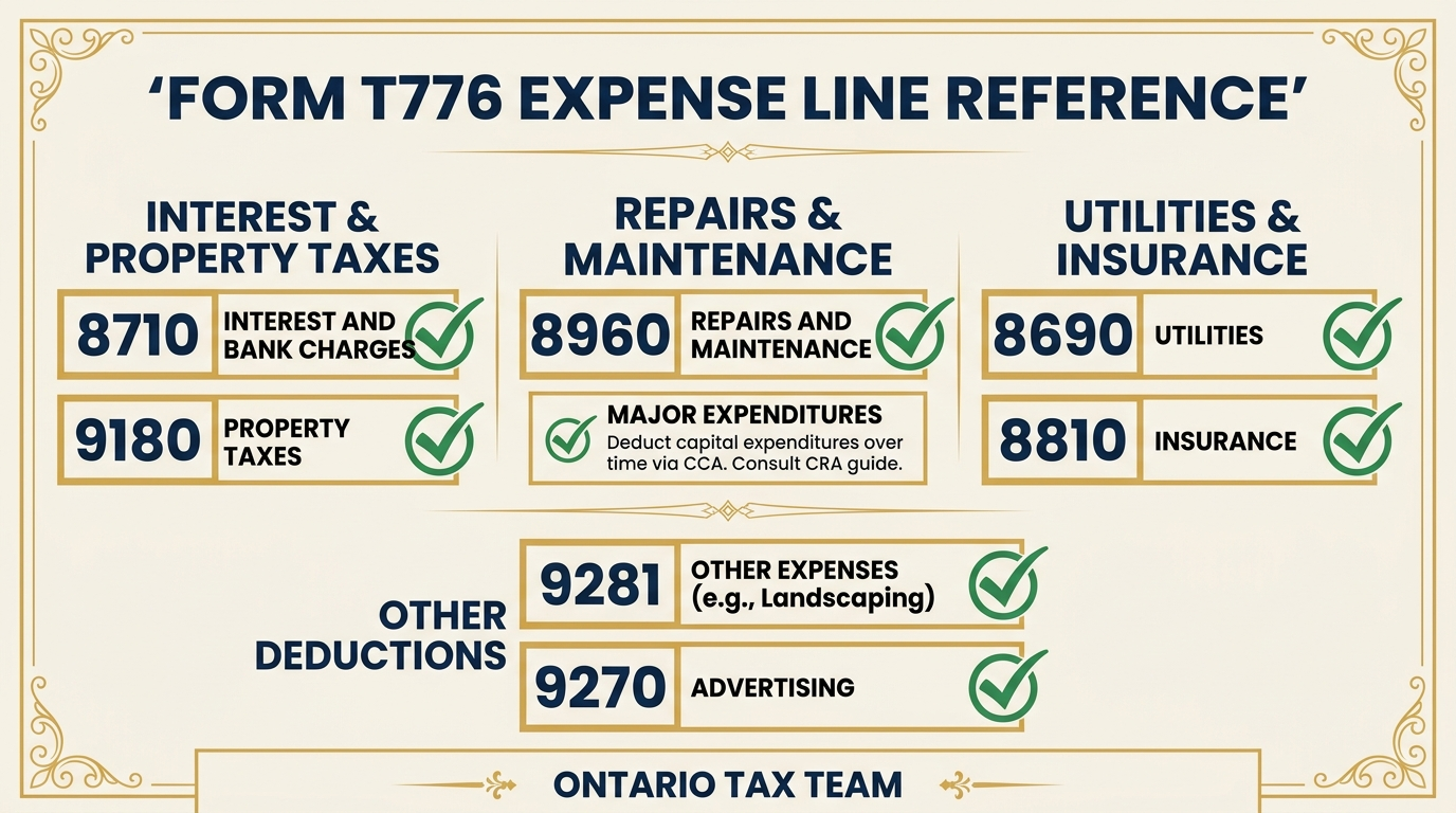 Form T776 expense line reference showing CRA line numbers for rental property deductions including interest and repairs