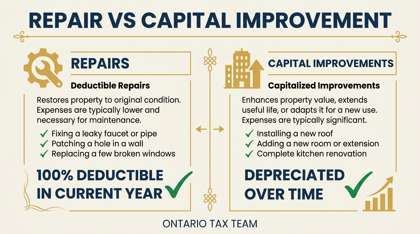 Repair versus capital improvement comparison for rental properties showing deductible repairs and capitalized improvements