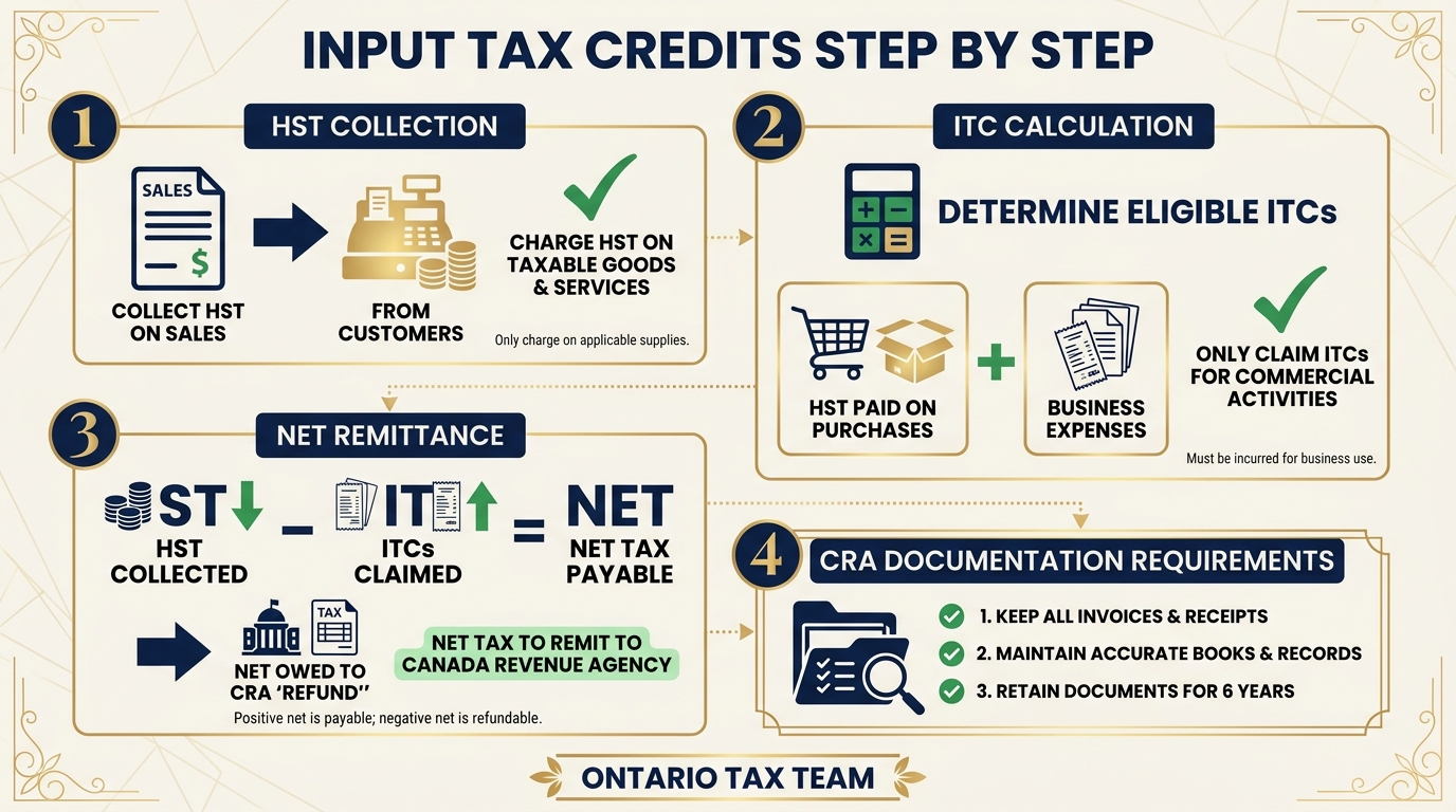 How input tax credits work step by step showing HST collection, ITC calculation, net remittance, and CRA documentation requirements