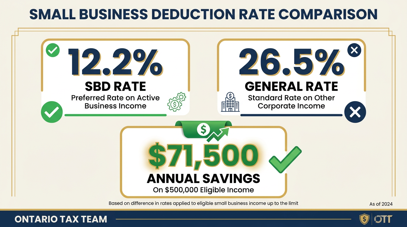 Small business deduction rate comparison showing 12.2% SBD rate versus 26.5% general rate with $71,500 annual savings