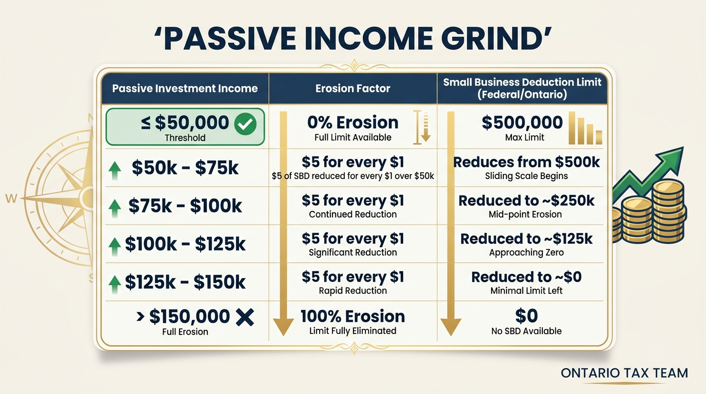 Passive income grind table showing how investment income above $50,000 erodes the small business deduction limit