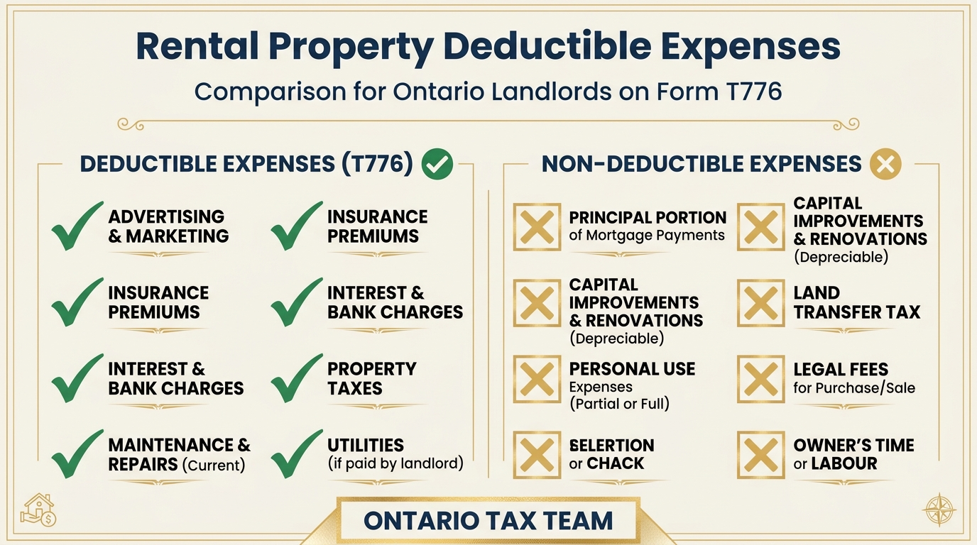 Rental property deductible versus non-deductible expenses comparison for Ontario landlords on Form T776