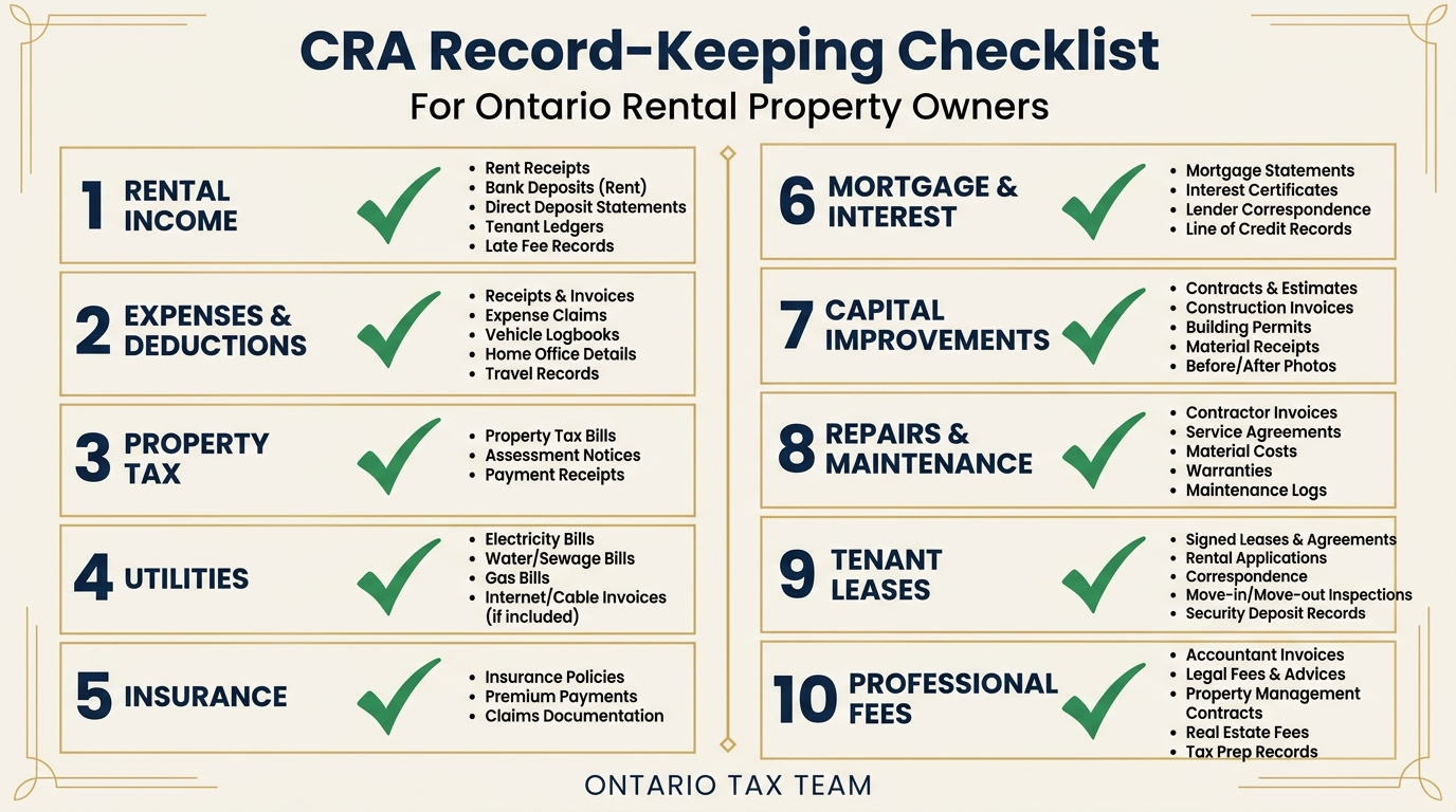 CRA record-keeping checklist for Ontario rental property owners showing 10 required document categories