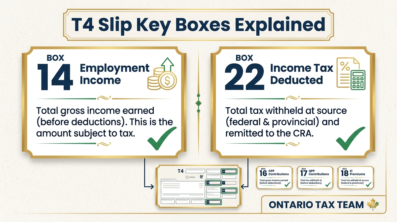 Key boxes on the Canadian T4 slip explained including Box 14 employment income and Box 22 income tax deducted