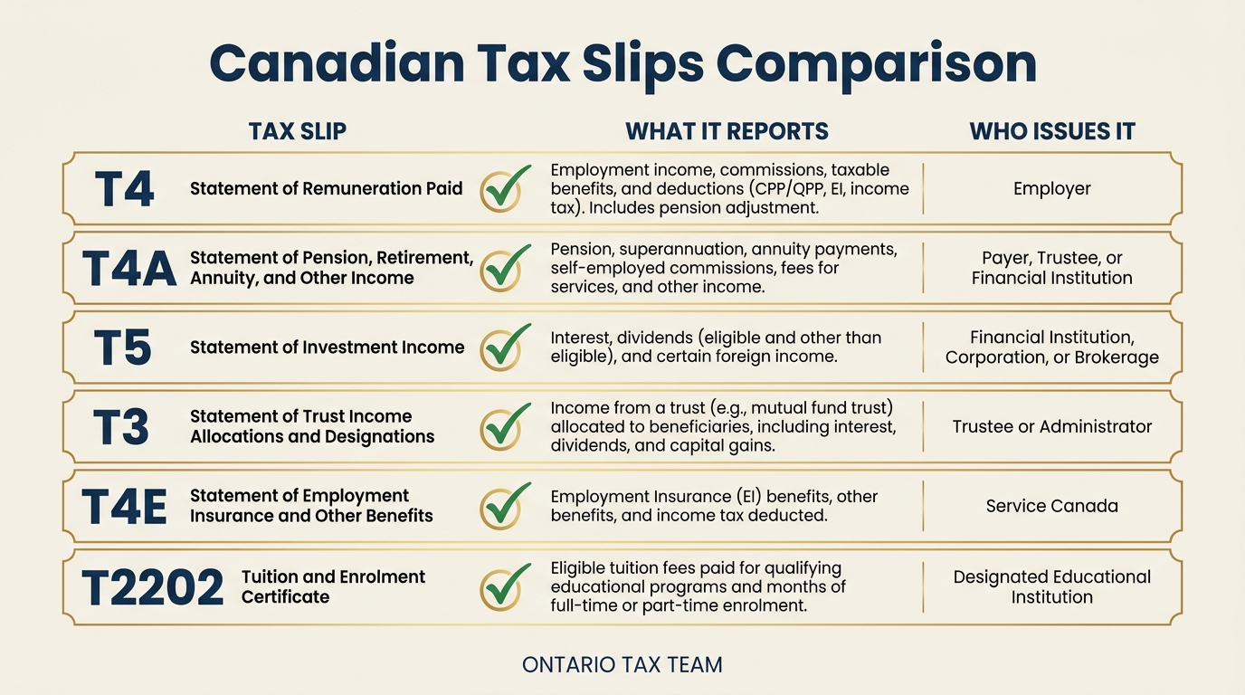 Comparison table of Canadian tax slips T4 T4A T5 T3 T4E and T2202 showing what each reports and who issues them