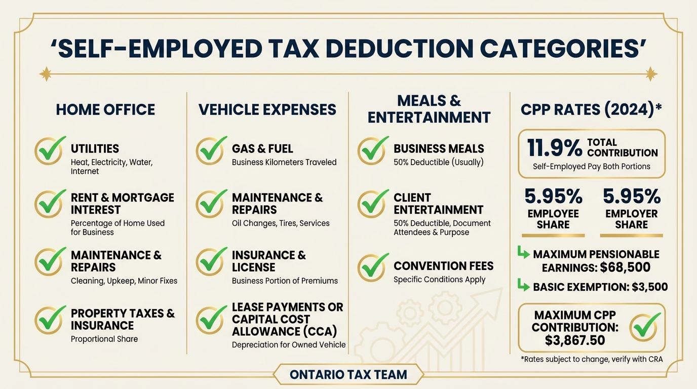 Complete grid of self-employed tax deduction categories in Canada including home office, vehicle, meals, and CPP rates