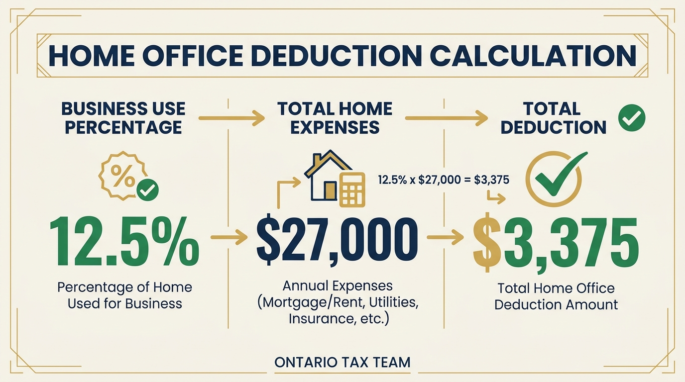 Home office deduction calculation example showing 12.5% business use percentage yielding $3,375 total deduction