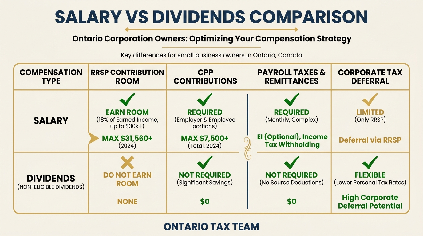 Salary versus dividends comparison table for Ontario corporation owners covering RRSP, CPP, payroll, and tax deferral