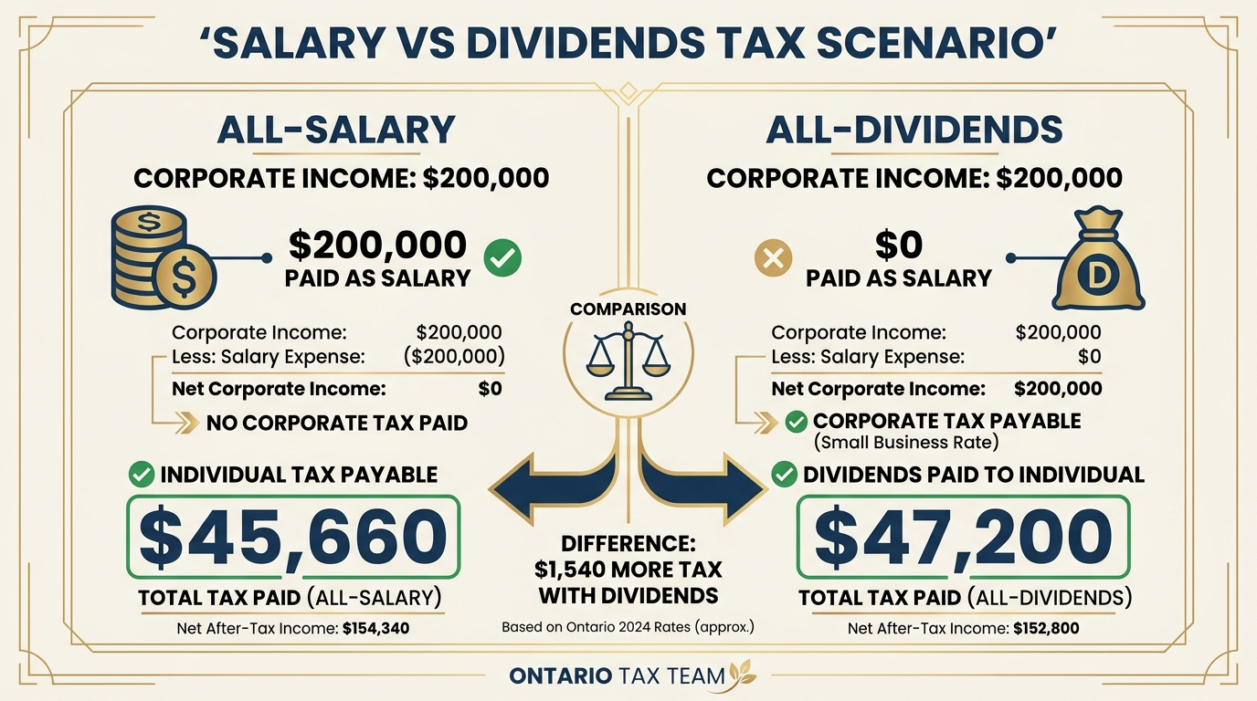 Tax comparison showing all-salary at $45,660 versus all-dividends at $47,200 on $200K corporate income in Ontario