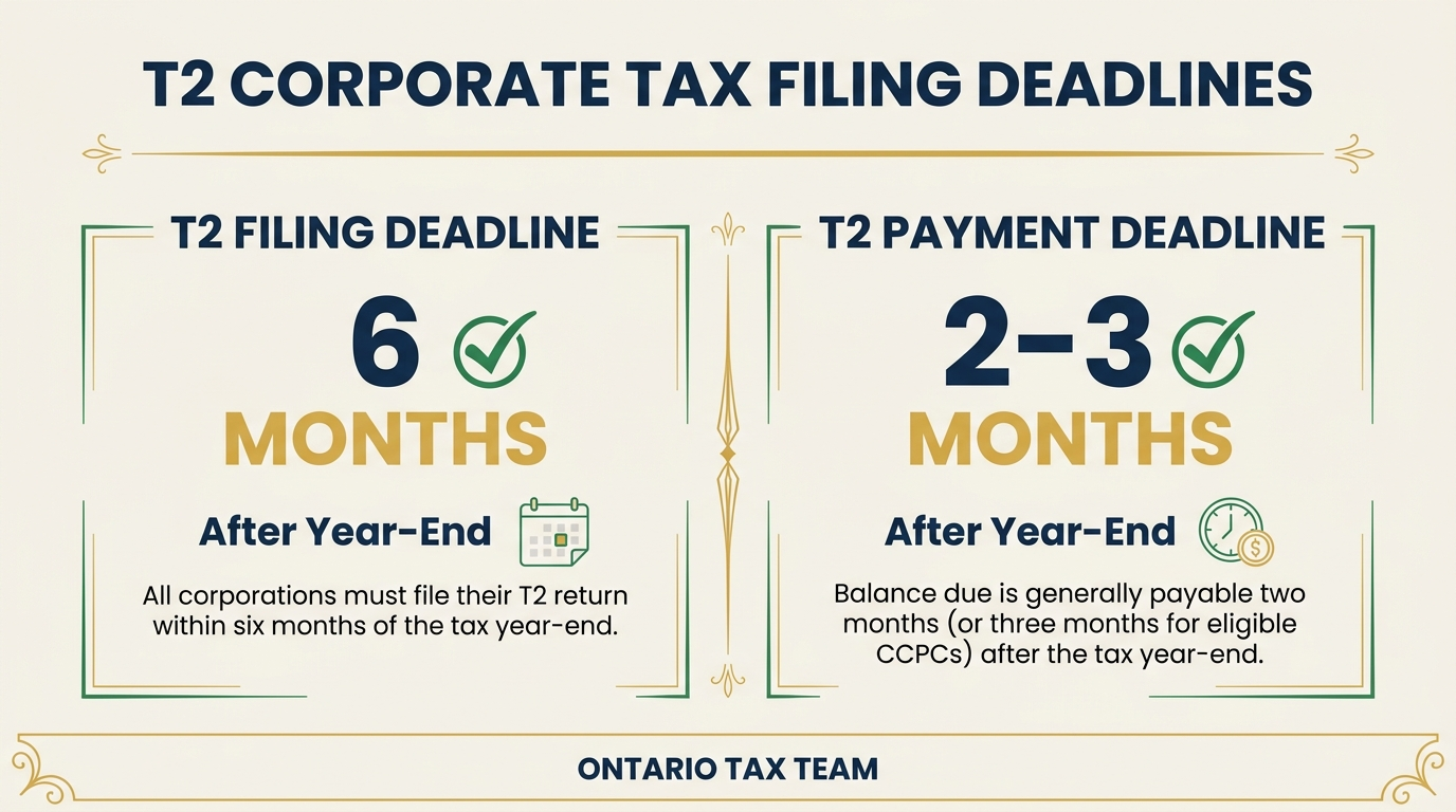 T2 corporate tax filing deadline of 6 months versus payment deadline of 2 to 3 months after year-end in Ontario