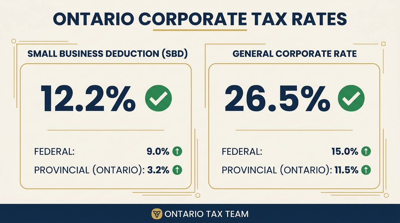 Ontario corporate tax rates showing federal and provincial breakdown for SBD at 12.2% and general rate at 26.5%