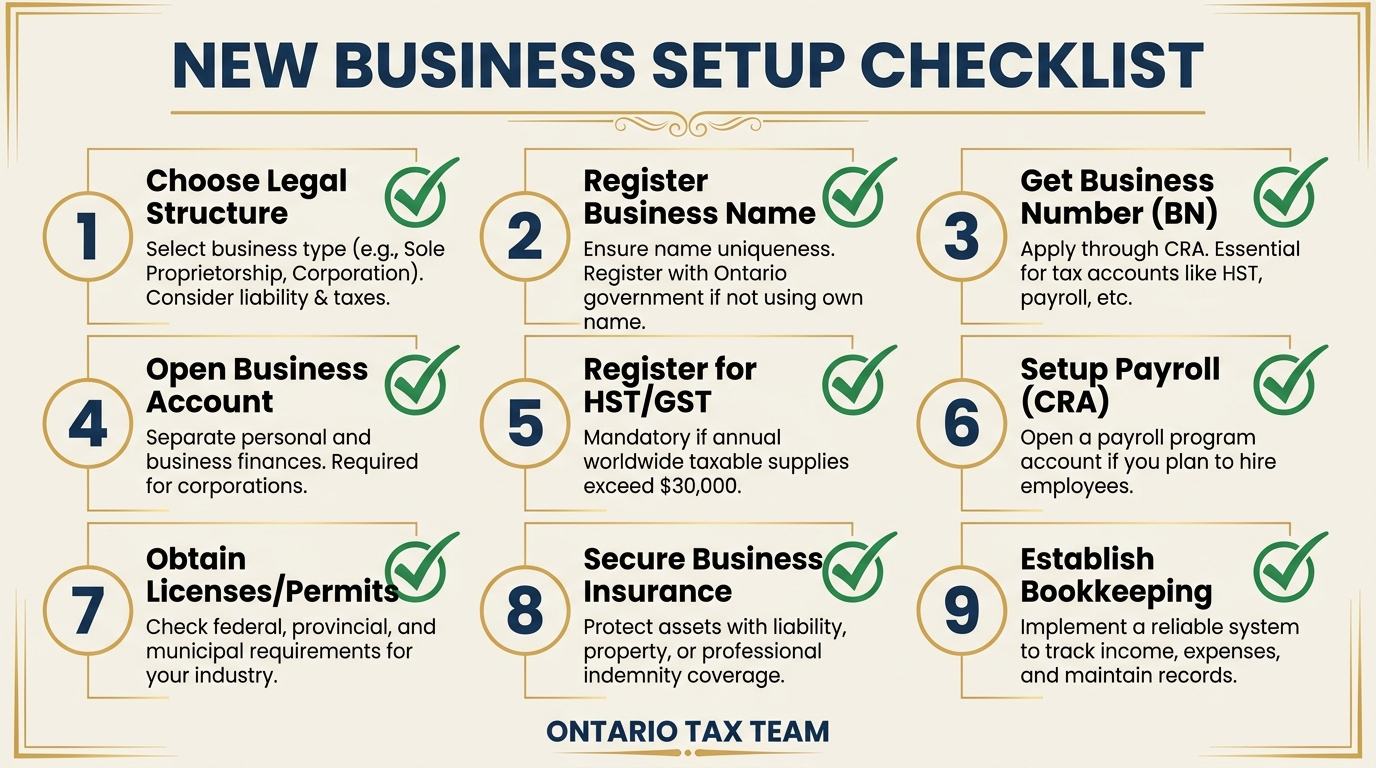 New business setup checklist with nine essential steps from choosing structure to CRA registration HST payroll and bookkeeping
