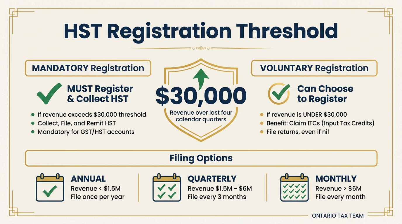 HST registration rules in Canada showing the $30,000 revenue threshold mandatory versus voluntary registration and filing options