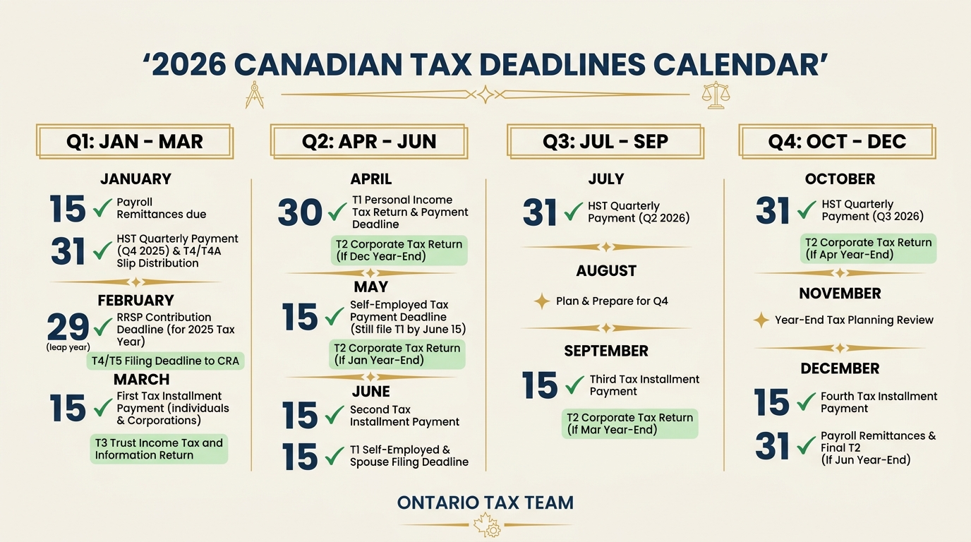 2026 Canadian tax deadlines calendar showing all key CRA dates for T1, T2, HST, RRSP, payroll, and installment payments