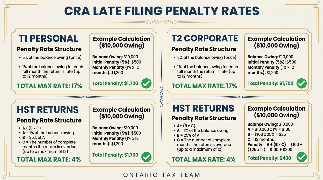 CRA late filing penalty rates for T1 personal, T2 corporate, and HST returns with example calculations for $10,000 owing
