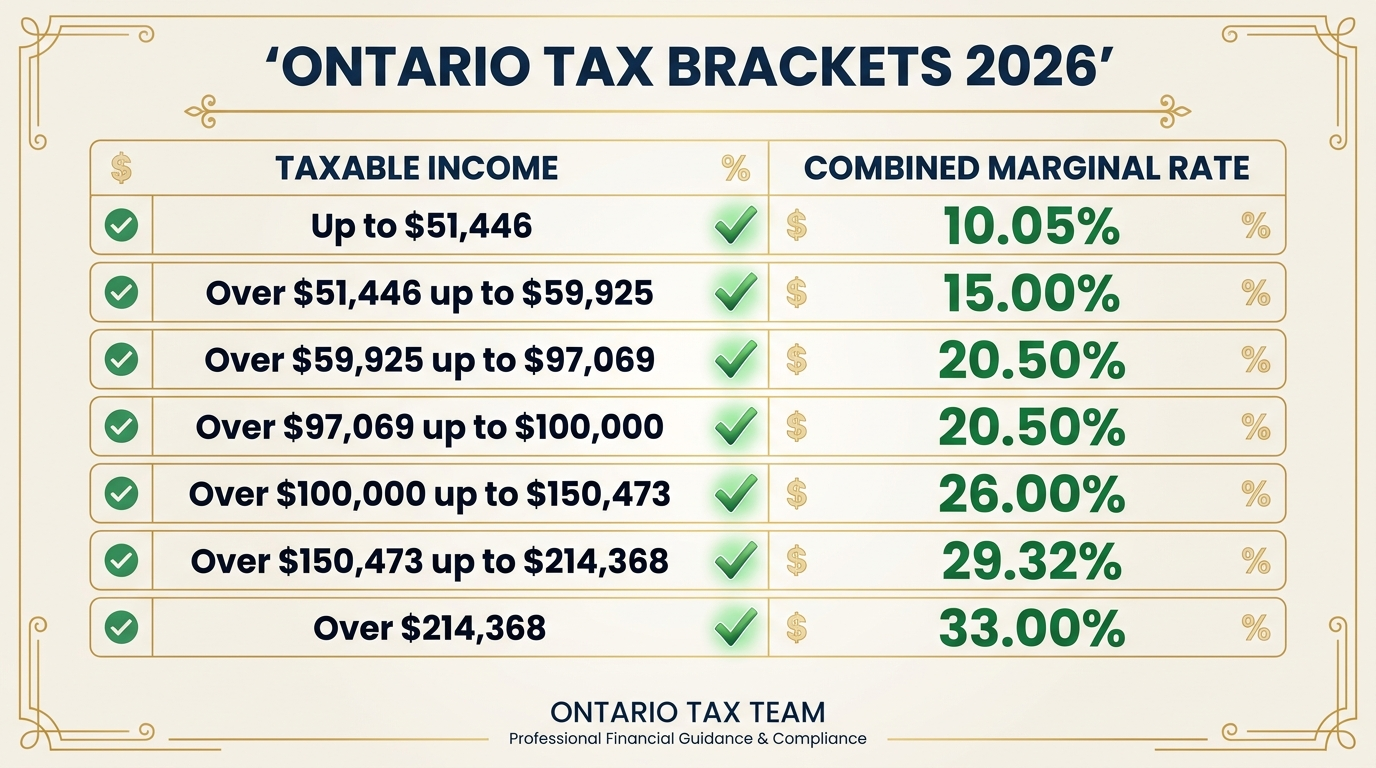 2026 Ontario combined tax brackets - federal plus provincial marginal rates