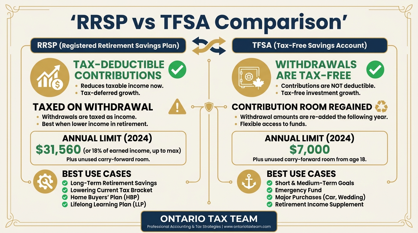 RRSP vs TFSA comparison - tax treatment, limits, and best use cases