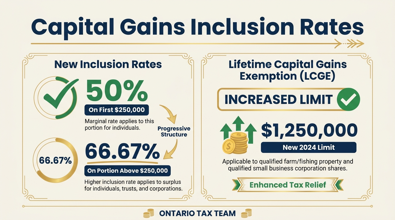 New capital gains inclusion rates in Canada showing 50% on first $250,000 and 66.67% above with LCGE details