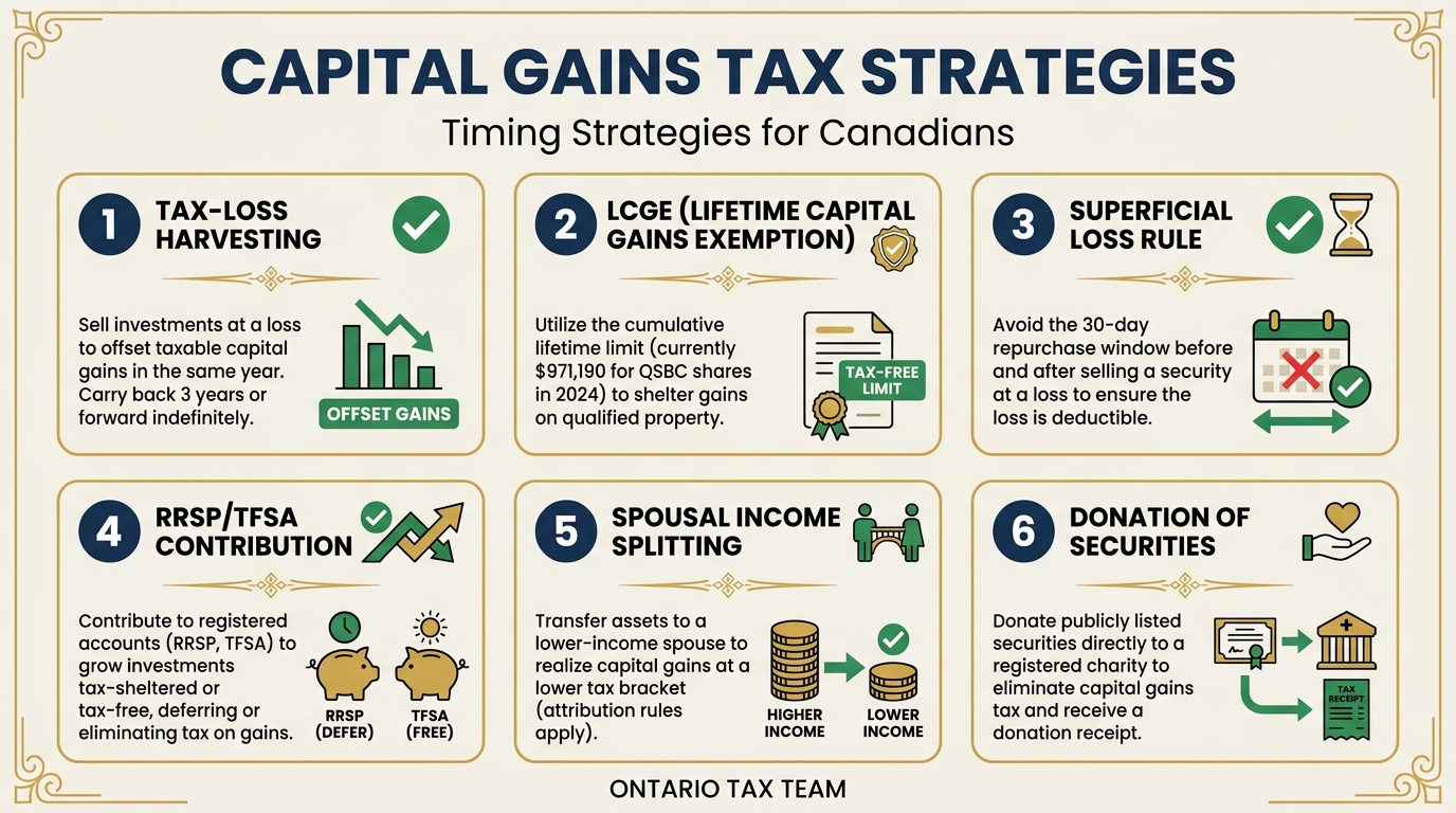 Six capital gains tax timing strategies for Canadians including tax-loss harvesting, LCGE, and superficial loss rule