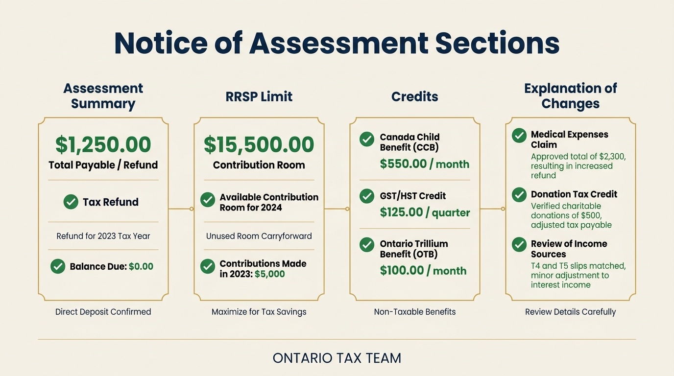 Key sections of the CRA Notice of Assessment including assessment summary, RRSP limit, credits, and explanation of changes