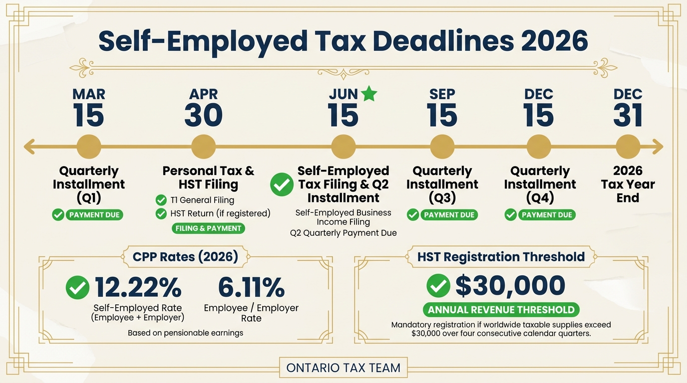 Self-employed tax filing deadlines timeline for Ontario 2026 with CPP rates and HST registration threshold