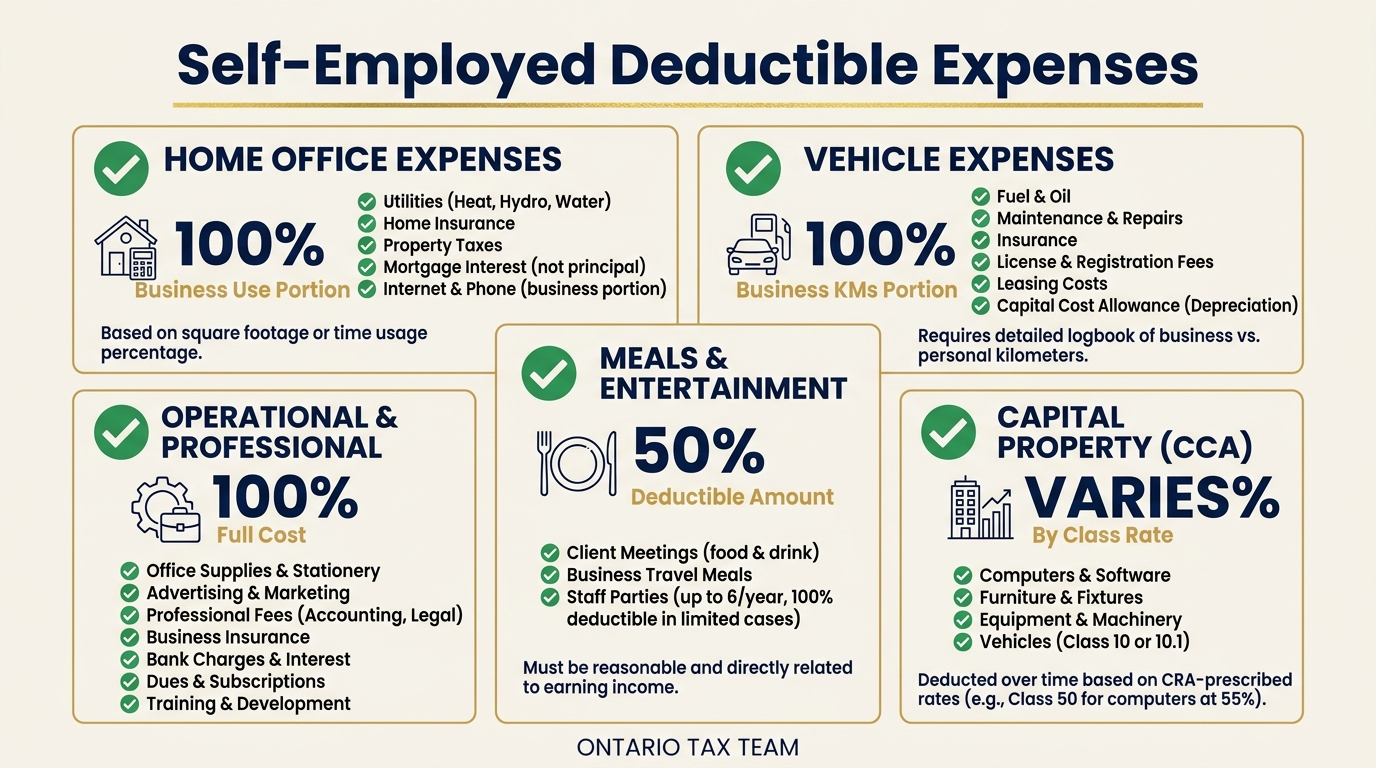 Complete list of deductible business expenses for self-employed Canadians on Form T2125 with deductibility rates