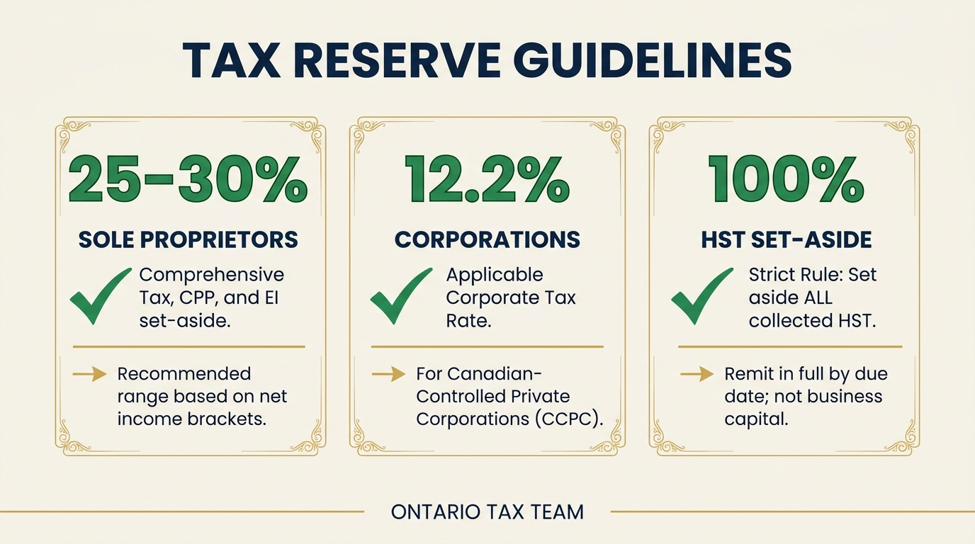 Tax reserve guidelines showing 25-30% for sole proprietors, 12.2% corporate rate, and 100% HST set-aside rules