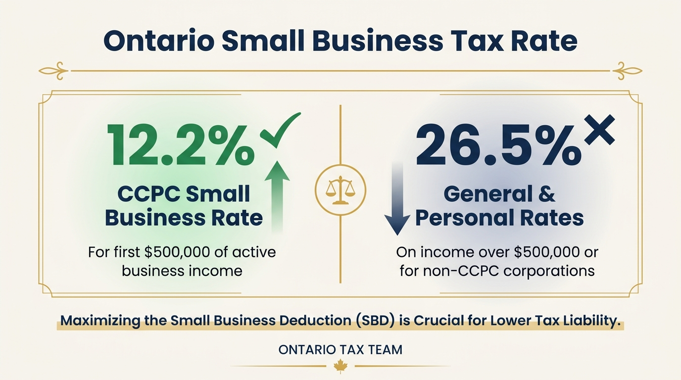 Ontario small business tax rate comparison showing 12.2 percent CCPC rate versus 26.5 percent general and personal rates