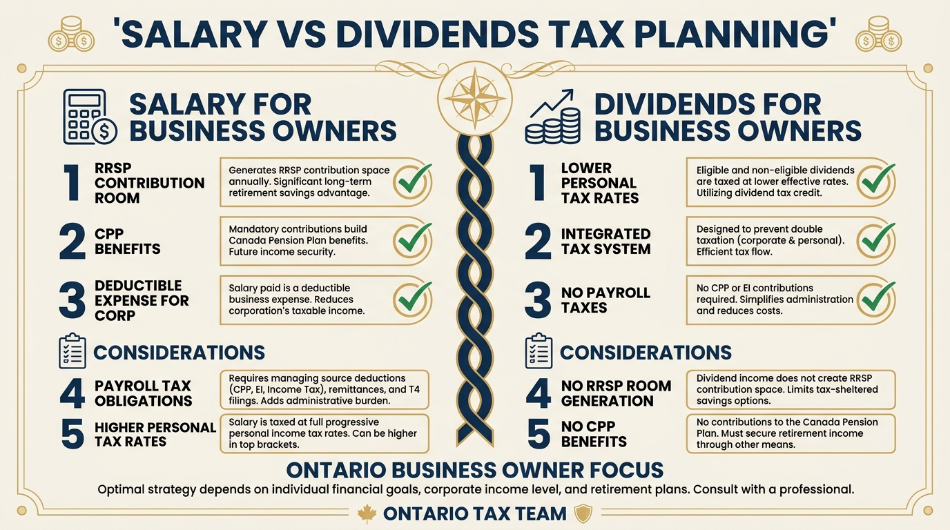 Salary versus dividends side by side comparison showing advantages and considerations for Ontario business owners