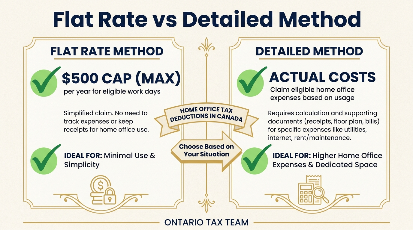 Flat rate versus detailed method comparison for home office tax deductions in Canada showing $500 cap versus actual costs