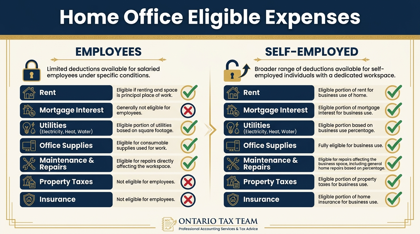 Home office eligible expenses comparison for employees versus self-employed showing which deductions each can claim in Canada