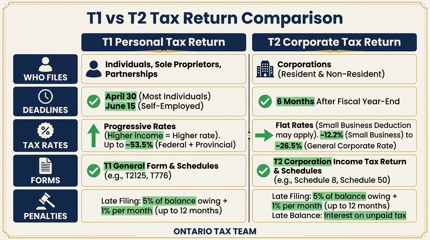 T1 vs T2 tax return comparison table showing who files, deadlines, tax rates, forms, and penalties for each return type