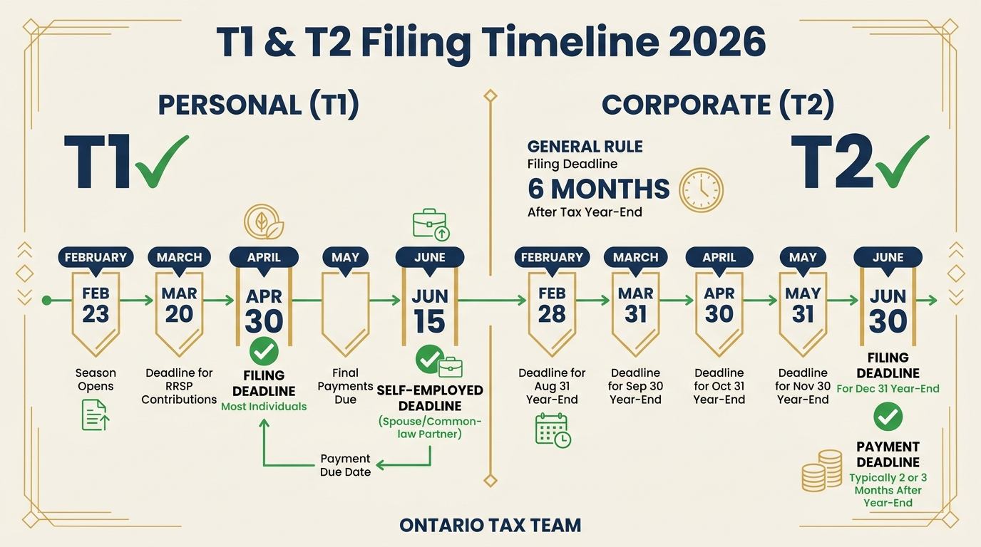 2026 T1 and T2 tax return filing timeline showing key dates from February through June for personal and corporate returns