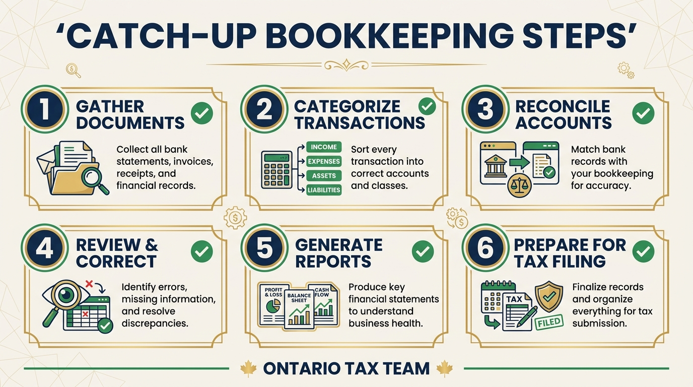 Six step process for catching up on overdue bookkeeping including gathering documents and reconciling accounts