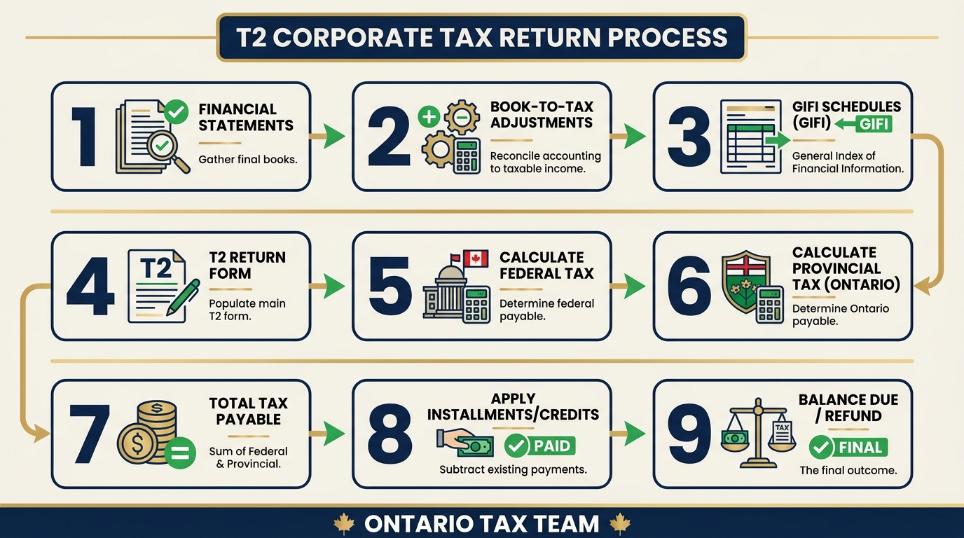 Nine step process for filing a T2 corporate tax return in Canada from financial statements through GIFI schedules to balance due