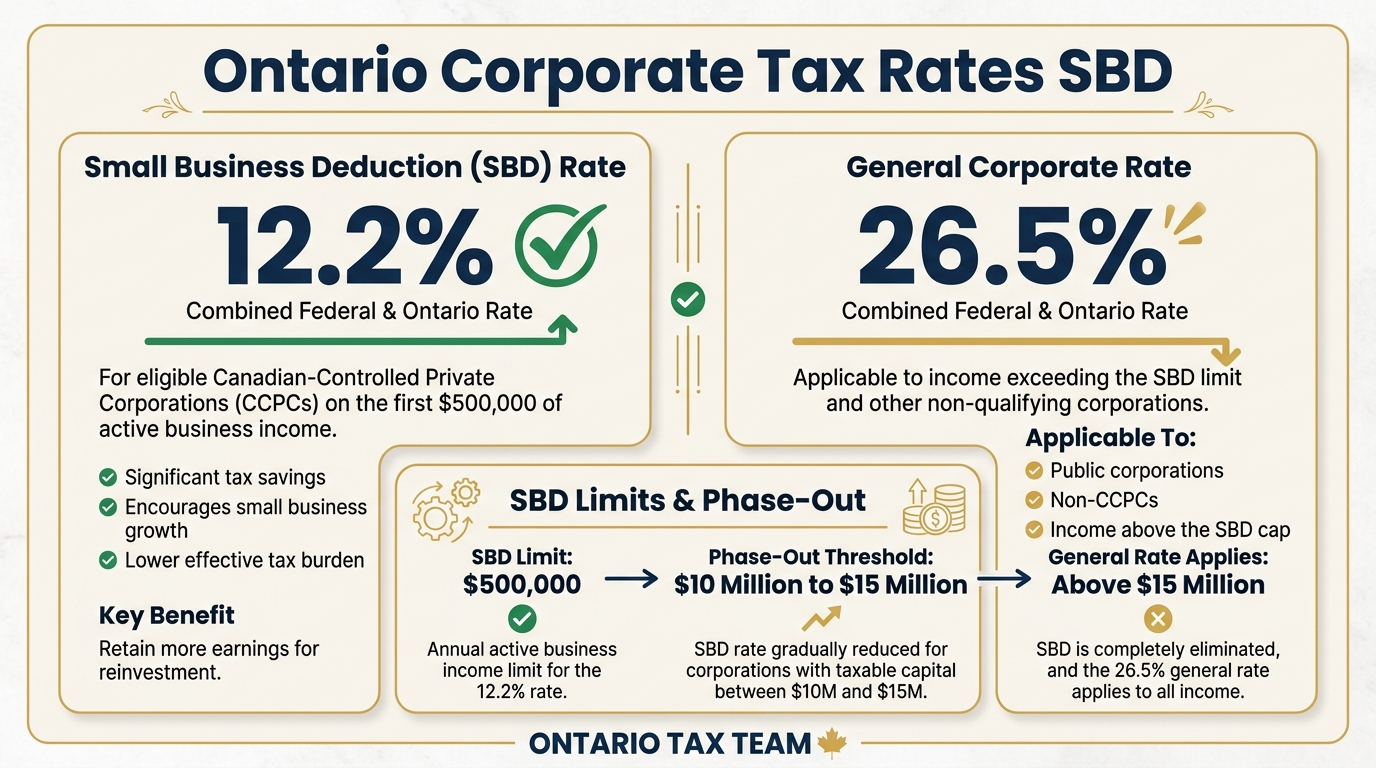 Ontario corporate tax rate breakdown showing 12.2 percent small business deduction rate versus 26.5 percent general rate with SBD limits