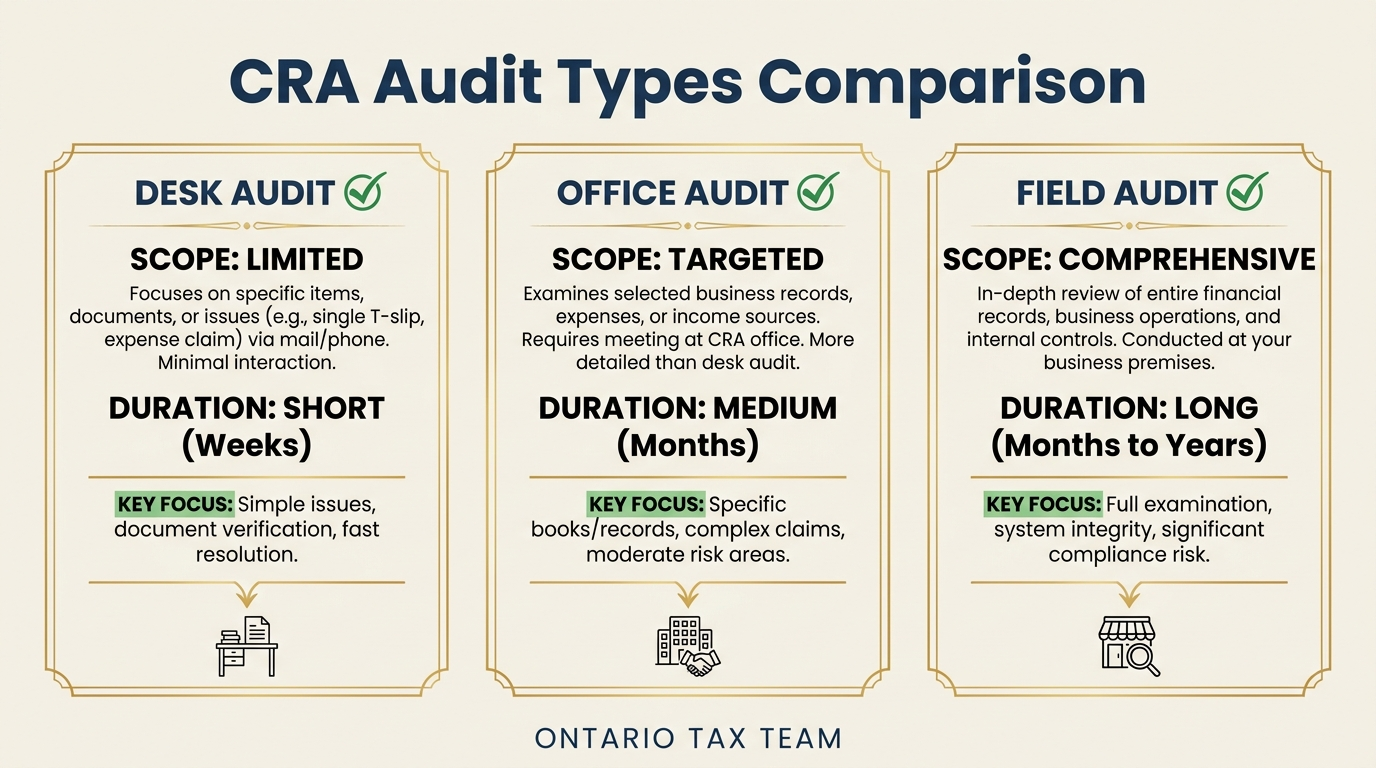 Comparison of three CRA audit types showing desk audit, office audit, and field audit with scope and duration
