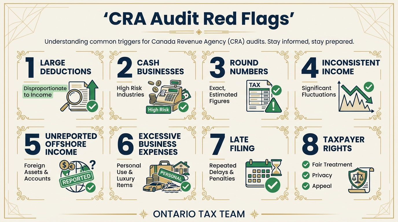 Eight common CRA audit triggers including large deductions, cash businesses, and round numbers with taxpayer rights