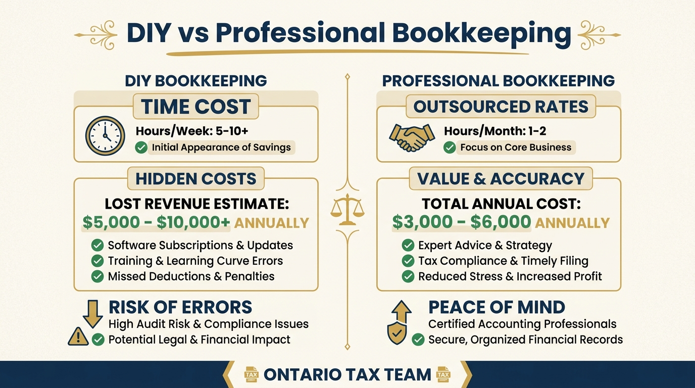 DIY versus professional bookkeeping cost comparison showing hidden costs of doing it yourself versus outsourced bookkeeper rates