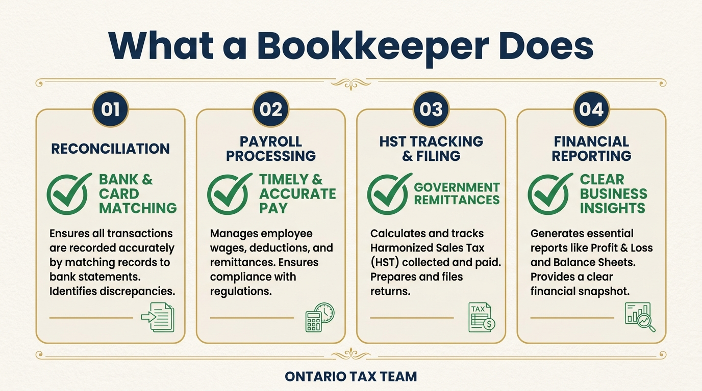 What a professional bookkeeper does for small businesses including reconciliation payroll HST tracking and financial reports