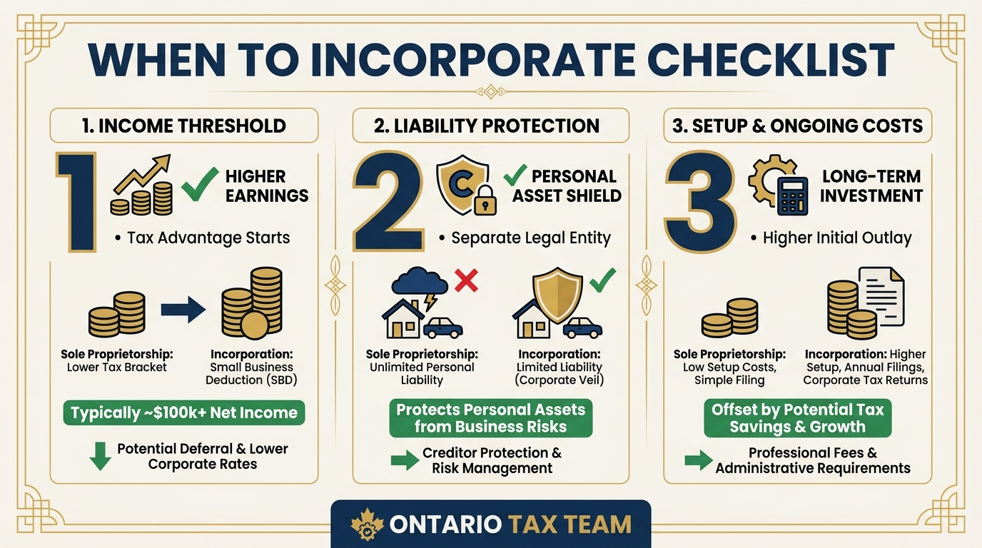 Key factors for deciding when to incorporate in Ontario including income threshold liability protection and setup costs