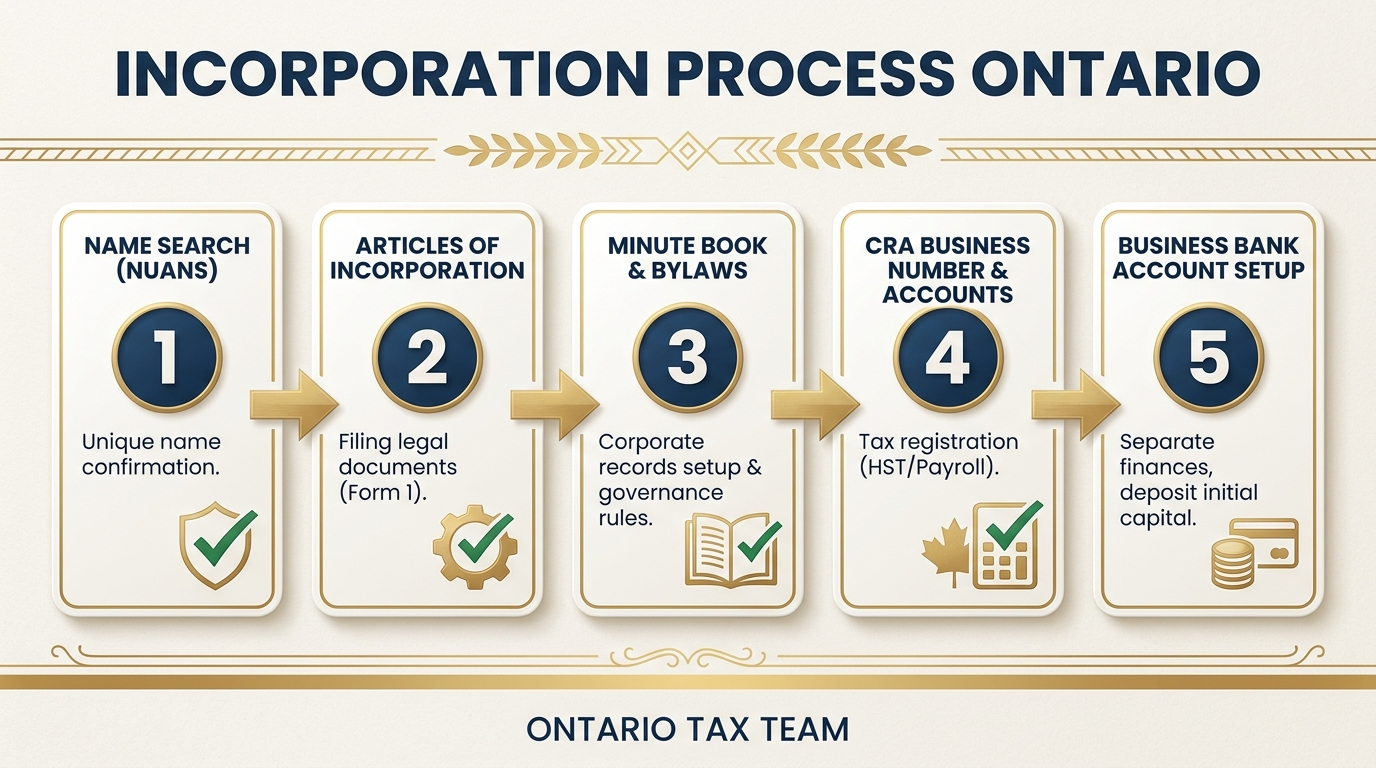 Five steps to incorporate your business in Ontario from name search through CRA registration and bank account setup