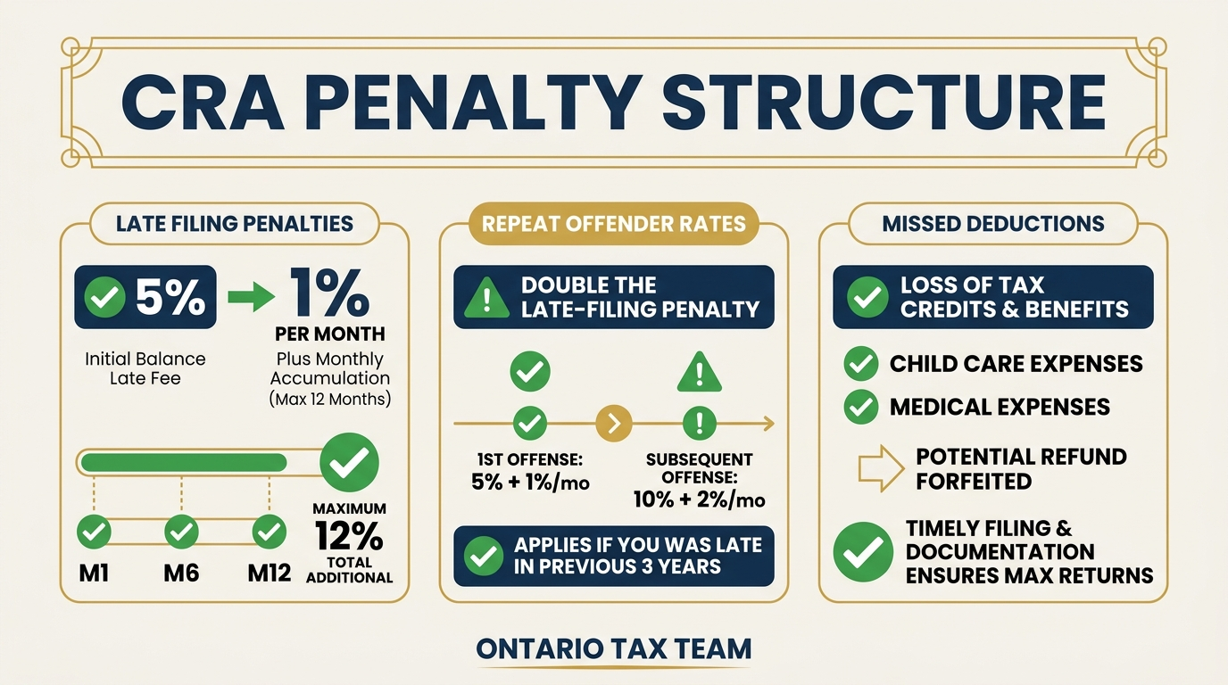 CRA penalty structure showing late filing penalties of 5% plus 1% per month, repeat offender rates, and missed deductions