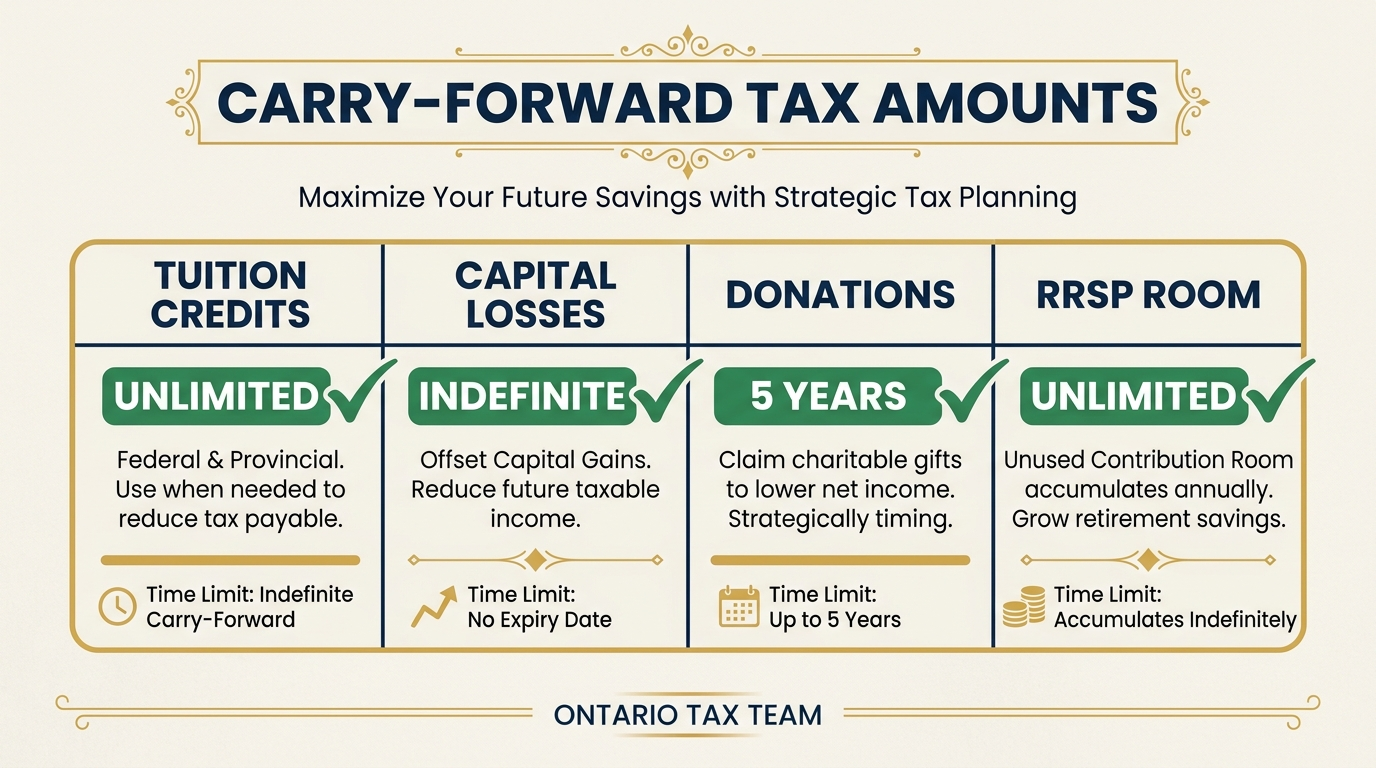 Carry-forward tax amounts table showing tuition credits, capital losses, donations, and RRSP room with time limits