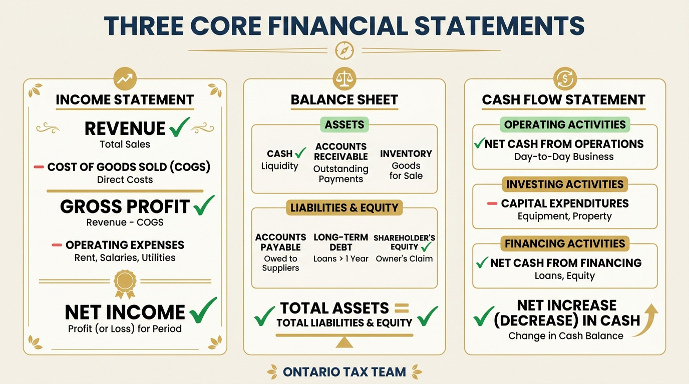 Three core financial statements explained showing income statement balance sheet and cash flow statement with key line items